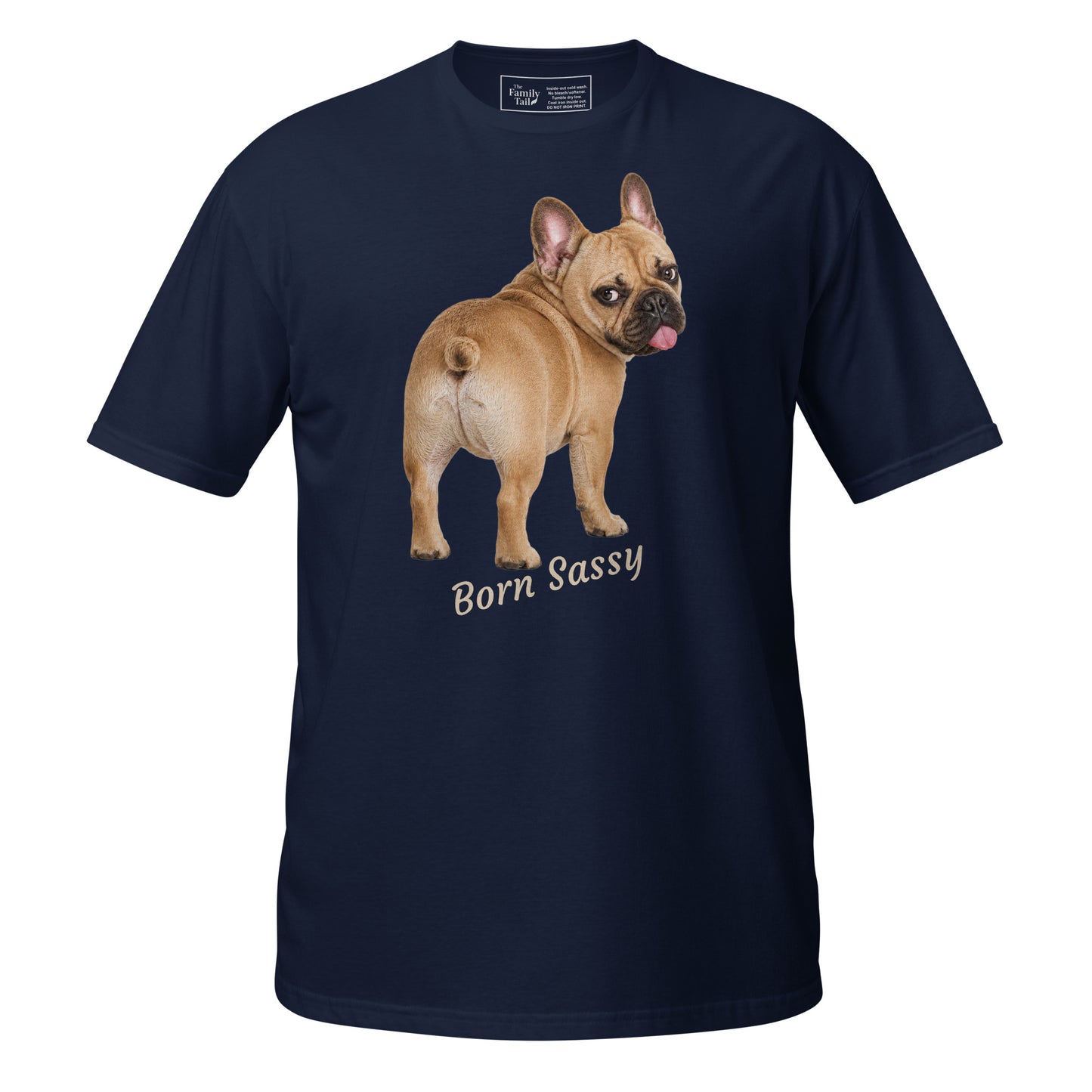 Frenchie Born Sassy tee in navy – front view