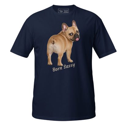Frenchie Born Sassy tee in navy – front view