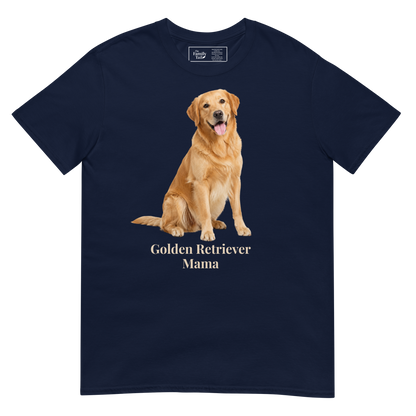 A navy short-sleeve crewneck t-shirt featuring a graphic print of a golden retriever dog sitting above the text 'Golden Retriever Mama' in a light beige font on a transparent background.