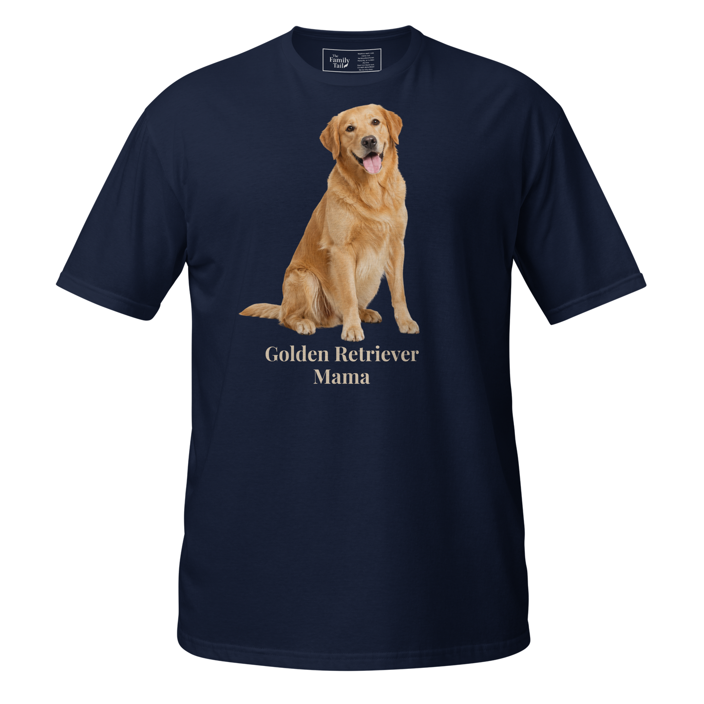 A navy short-sleeve crewneck t-shirt featuring a graphic print of a golden retriever dog sitting above the text 'Golden Retriever Mama' in a light beige font on a transparent background.