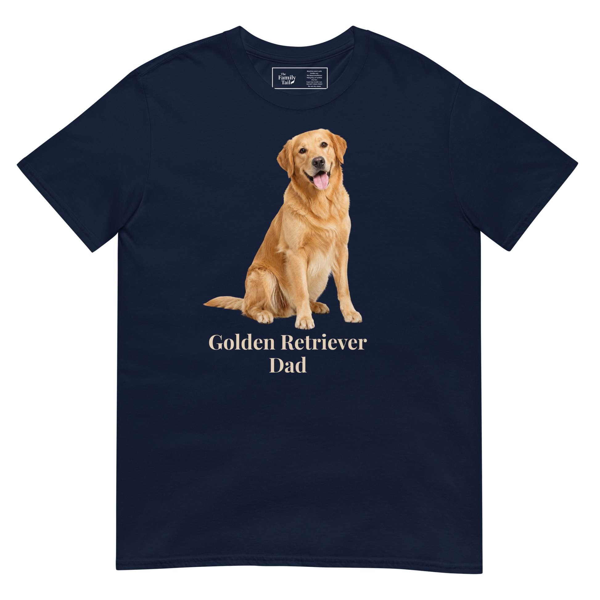A navy blue short-sleeve t-shirt with a graphic of a golden retriever dog sitting above the text 'Golden Retriever Dad' in beige font, shown on a transparent background.