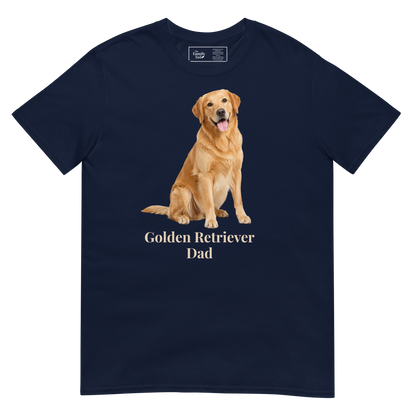 A navy blue short-sleeve t-shirt with a graphic of a golden retriever dog sitting above the text 'Golden Retriever Dad' in beige font, shown on a transparent background.