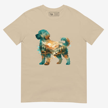 A sand colored short-sleeve crewneck t-shirt featuring a watercolor-style graphic of a goldendoodle dog silhouette filled with a scenic landscape of mountains, trees, and a lake.