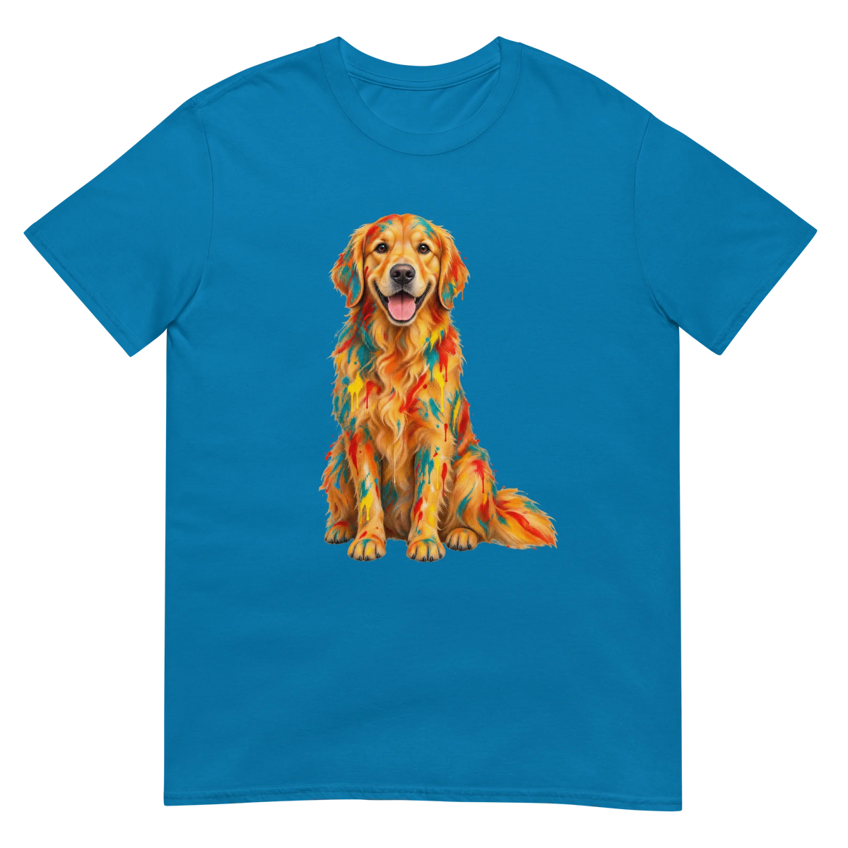 A sapphire blue short-sleeve crewneck t-shirt featuring a colorful graphic print of a Golden Retriever dog with a geometric, mosaic-like pattern in orange, yellow, and red.