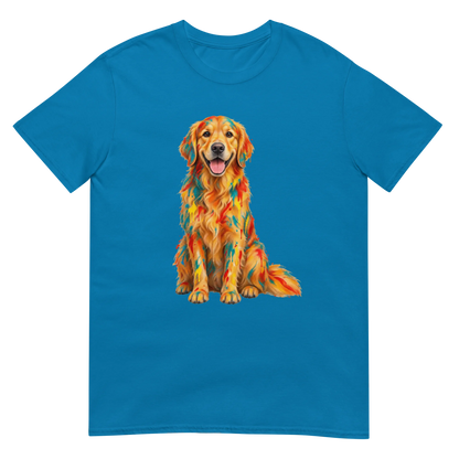 A sapphire blue short-sleeve crewneck t-shirt featuring a colorful graphic print of a Golden Retriever dog with a geometric, mosaic-like pattern in orange, yellow, and red.