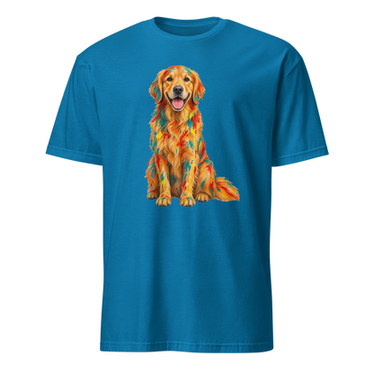 A sapphire blue short-sleeve crewneck t-shirt featuring a colorful graphic print of a Golden Retriever dog with a geometric, mosaic-like pattern in orange, yellow, and red.