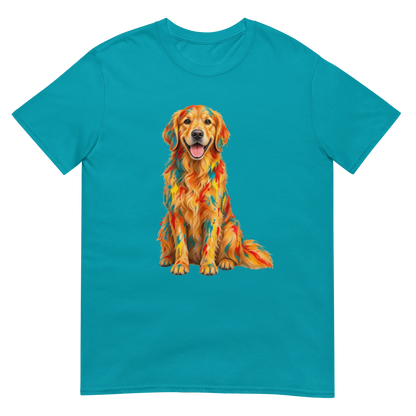 A tropical blue short-sleeve crewneck t-shirt featuring a colorful graphic print of a Golden Retriever dog with a geometric, mosaic-like pattern in orange, yellow, and red.