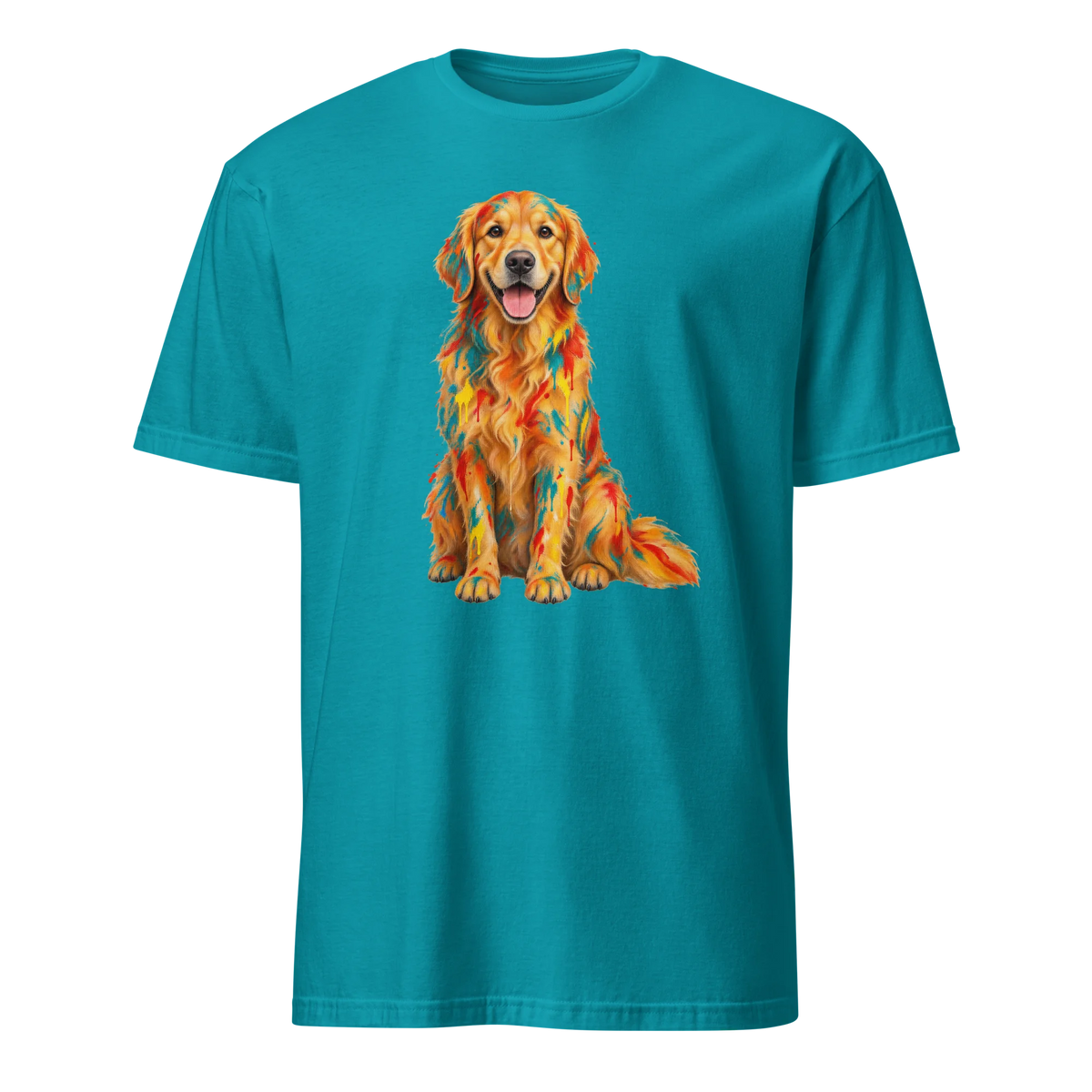 A tropical blue short-sleeve crewneck t-shirt featuring a colorful graphic print of a Golden Retriever dog with a geometric, mosaic-like pattern in orange, yellow, and red.