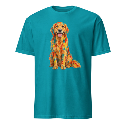 A tropical blue short-sleeve crewneck t-shirt featuring a colorful graphic print of a Golden Retriever dog with a geometric, mosaic-like pattern in orange, yellow, and red.