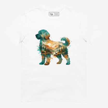 A white short-sleeve crewneck t-shirt featuring a watercolor-style graphic of a goldendoodle dog silhouette filled with a scenic landscape of mountains, trees, and a lake.