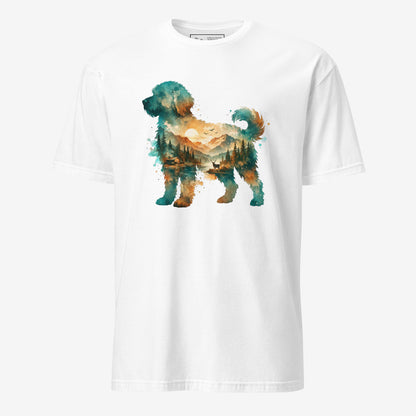 A white short-sleeve crewneck t-shirt featuring a watercolor-style graphic of a goldendoodle dog silhouette filled with a scenic landscape of mountains, trees, and a lake.