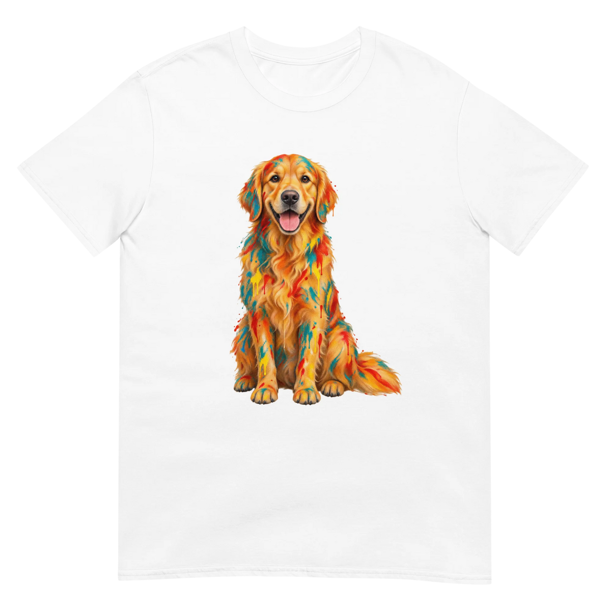 A white short-sleeve crewneck t-shirt featuring a colorful graphic print of a Golden Retriever dog with a geometric, mosaic-like pattern in orange, yellow, and red.