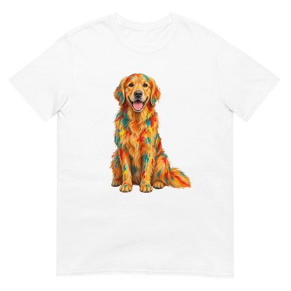 A white short-sleeve crewneck t-shirt featuring a colorful graphic print of a Golden Retriever dog with a geometric, mosaic-like pattern in orange, yellow, and red.