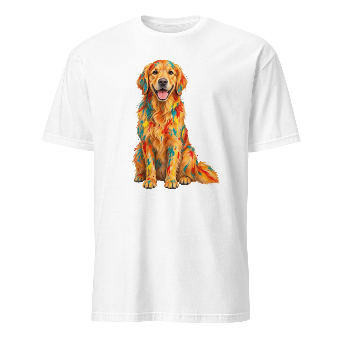 A white short-sleeve crewneck t-shirt featuring a colorful graphic print of a Golden Retriever dog with a geometric, mosaic-like pattern in orange, yellow, and red.