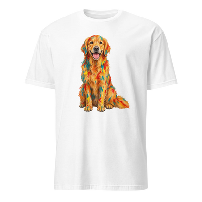 A white short-sleeve crewneck t-shirt featuring a colorful graphic print of a Golden Retriever dog with a geometric, mosaic-like pattern in orange, yellow, and red.