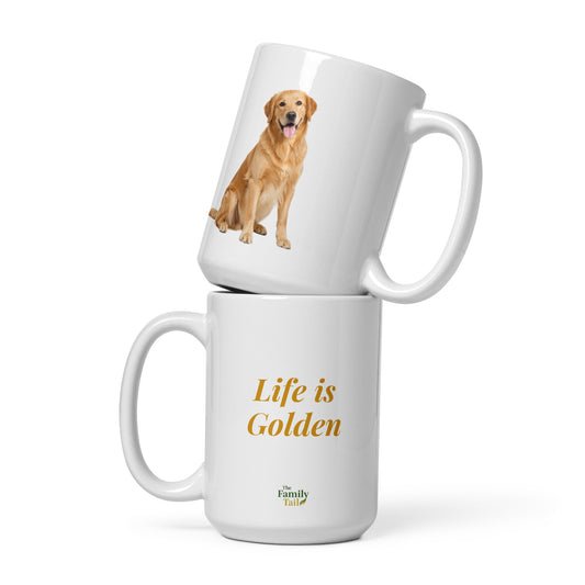 White glossy Golden Retriever mug shown from two angles — dog graphic and "Life is Golden" text, 15 oz