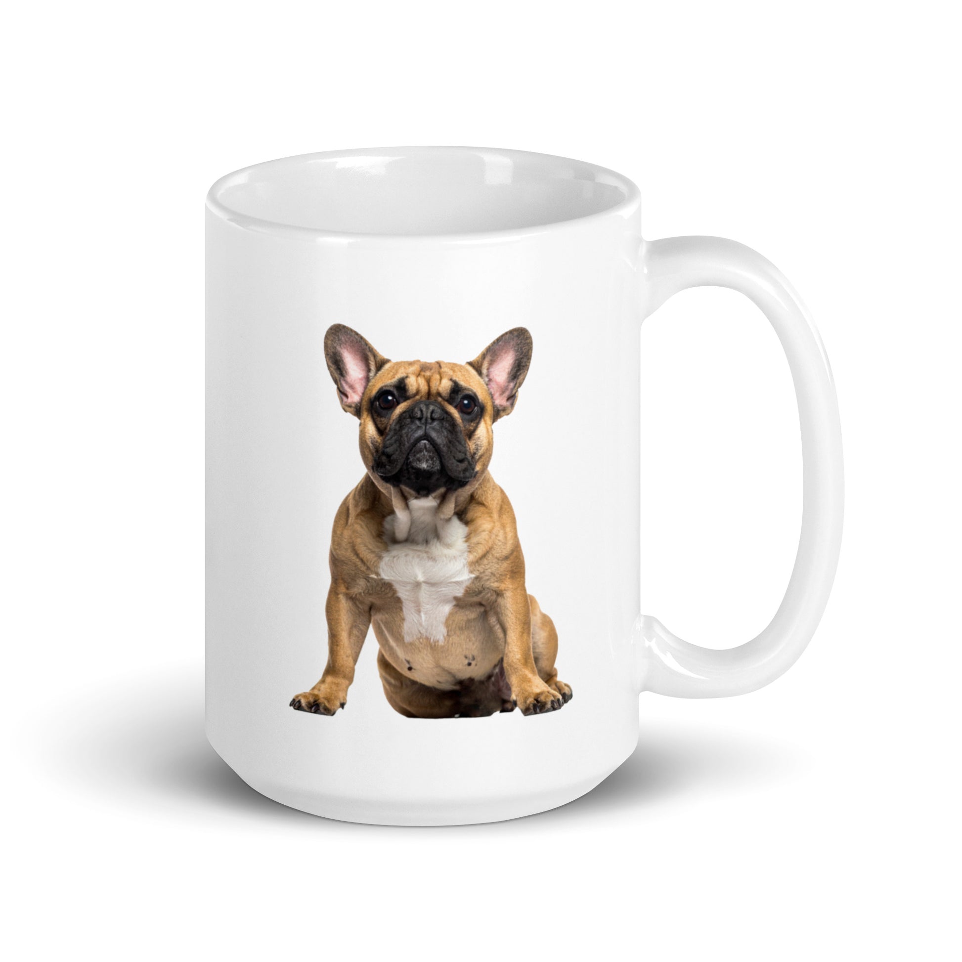 Fawn French Bulldog design on white glossy ceramic mug, 15 oz