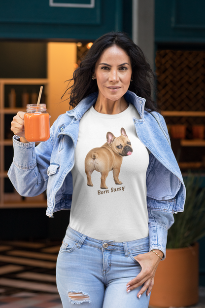 Frenchie Born Sassy tee in white – front view
