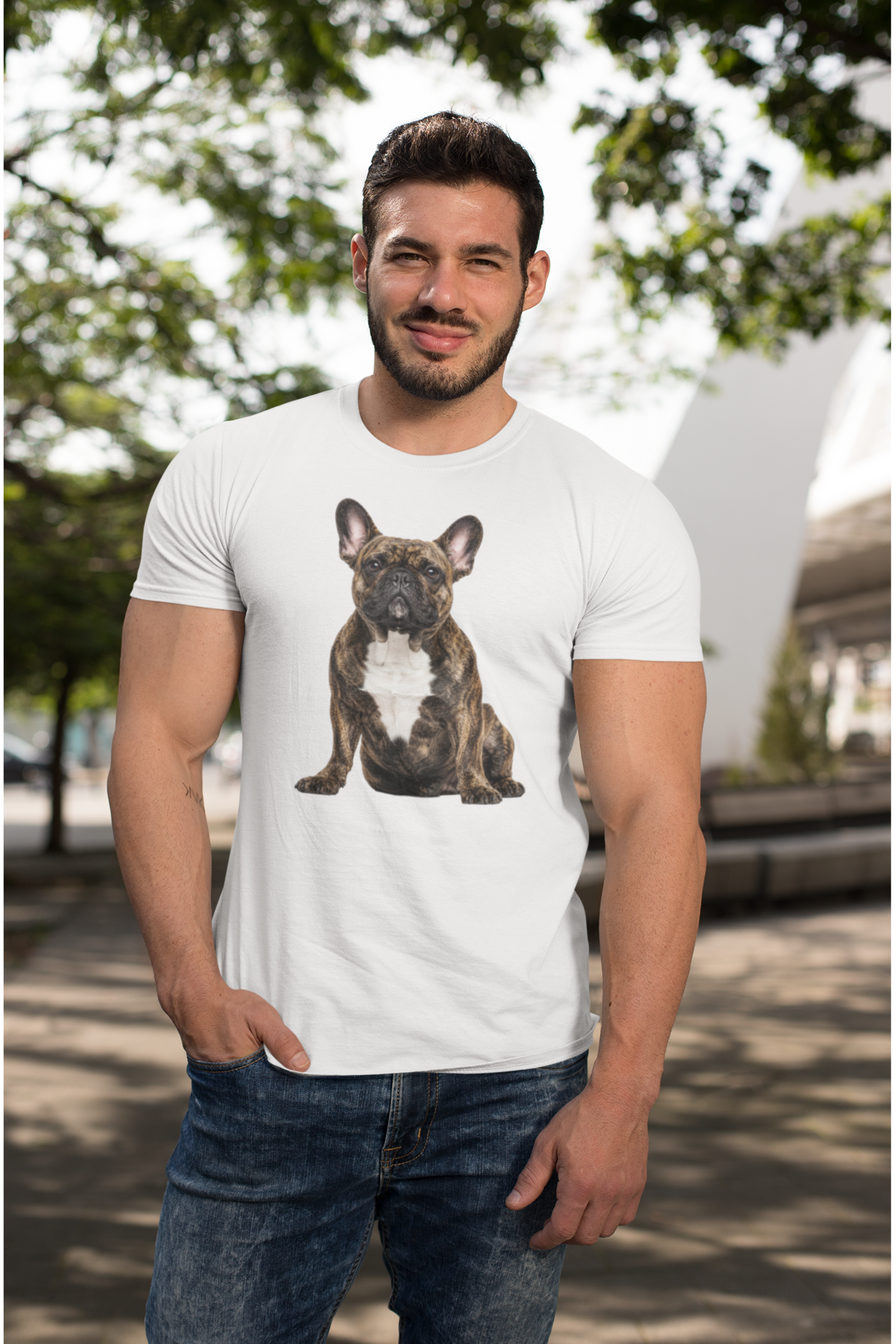 Brindle Frenchie Tee in white – front view